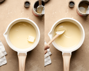 Side-by-side image of melting butter and sweetened condensed milk in small saucepan.