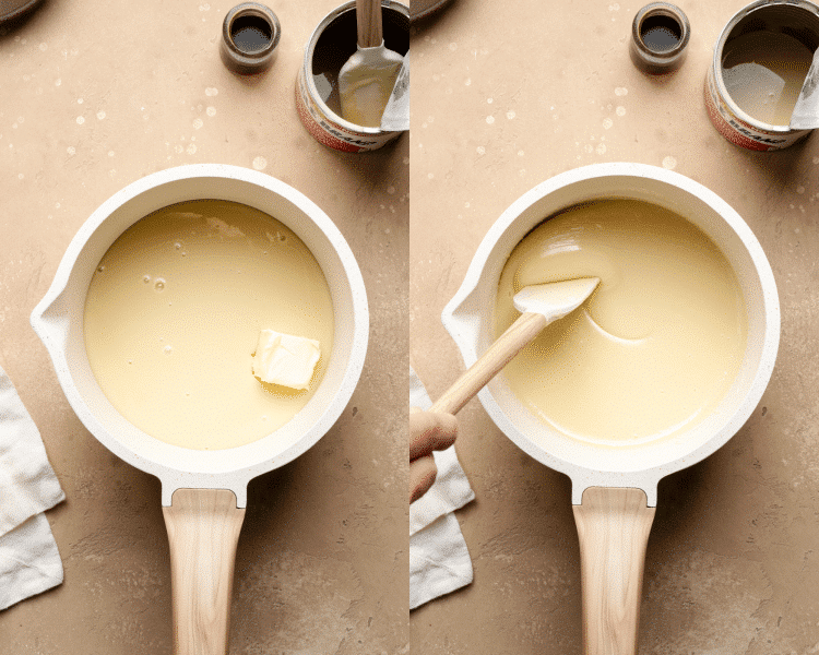 Side-by-side image of melting butter and sweetened condensed milk in small saucepan.