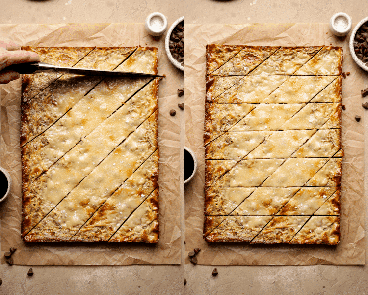Side-by-side image of showing how to cut coffee cookie bars into diamond-shaped bars.