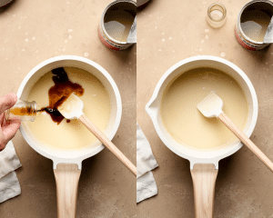 Side-by-side image of adding vanilla to condensed milk topping in small saucepan.