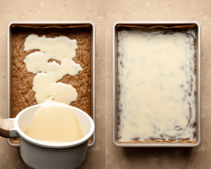 Side-by-side image of pouring topping on baked cookie bars.