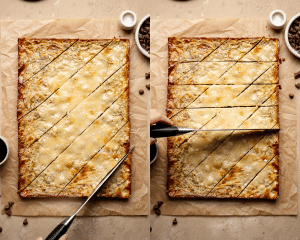 Side-by-side showing how to cut coffee cookie bars into diamond shape squares.