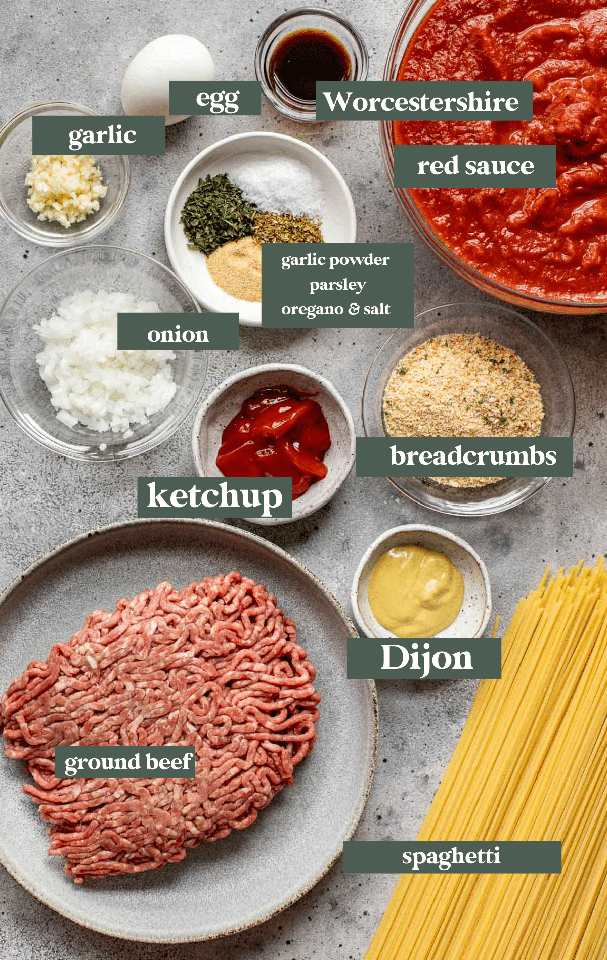 Ingredients needed to make spaghetti and meatballs in small glass dishes. 