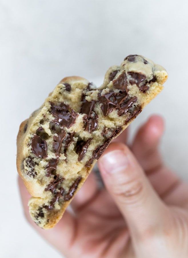 the inside of a freshly baked chocolate chip cookie