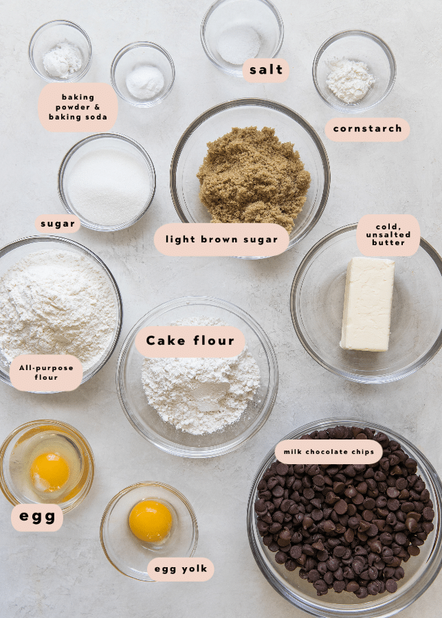 all of the ingredients needed to make giant chocolate chip cookies