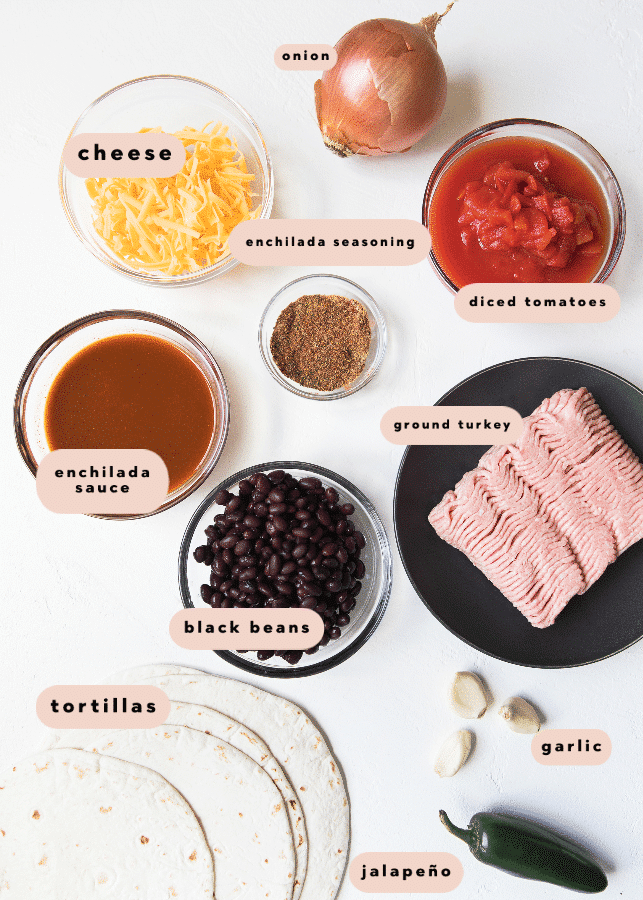 all of the ingredients needed for ground turkey black bean enchiladas 