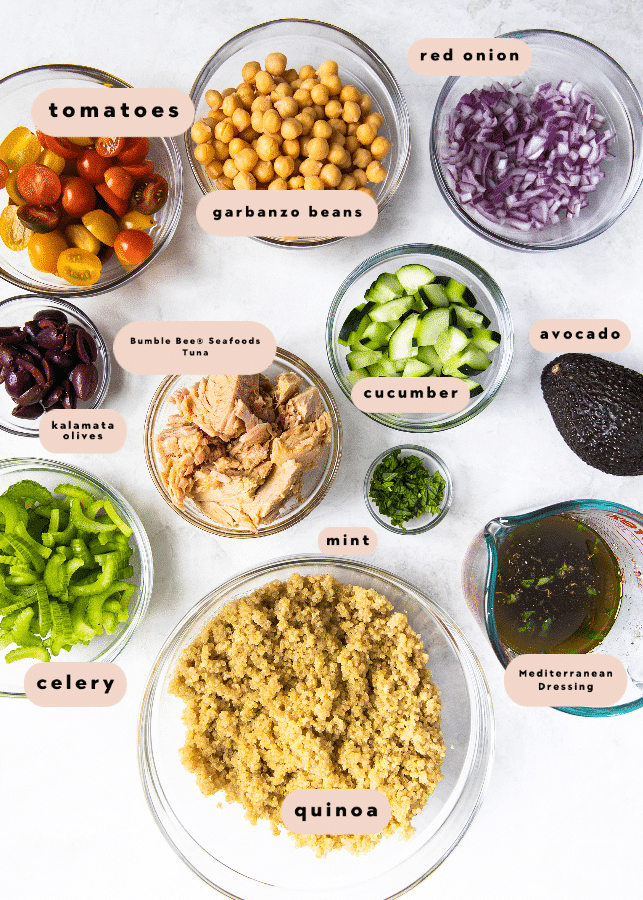 all of the ingredients in glass bowls needed for Mediterranean Tuna Salad 