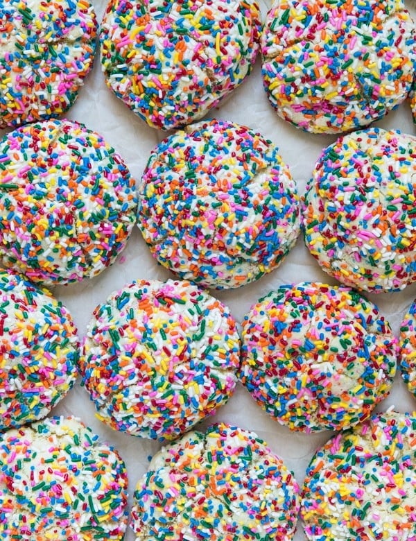funfetti cookies coated in rainbow sprinkles