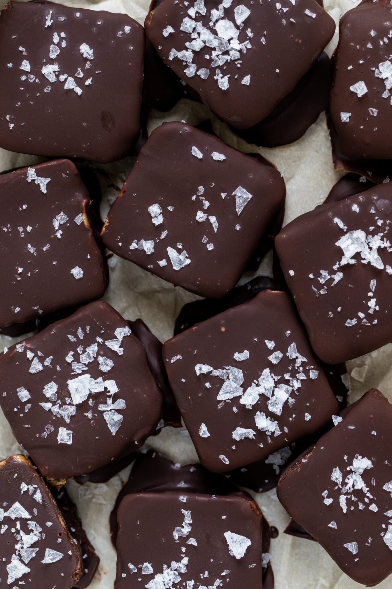 chocolate covered peanut butter squares with flaky sea salt on top