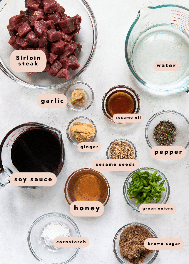 ingredients needed to make steak bites in small glass bowls