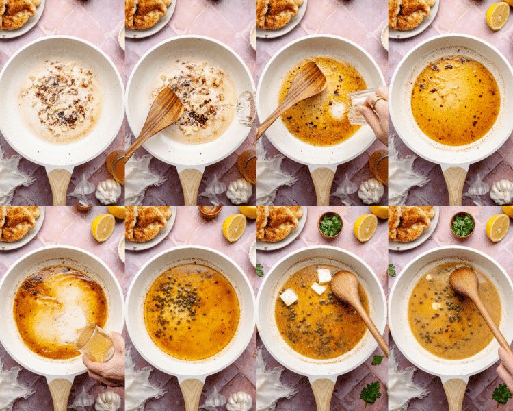Eight images showing how to make the sauce for lemon chicken piccata.