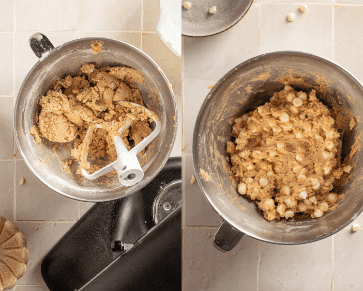 Side-by-side image of combining all the ingredients to form snickerdoodle cookie dough.