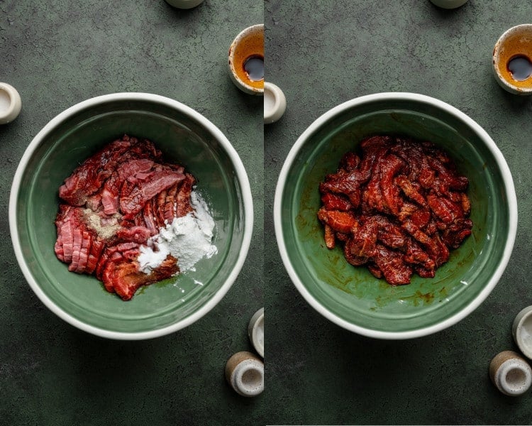 Two side-by-side images showing sliced flank steak in a green bowl before and after marinating with soy sauce, cornstarch, and seasonings.