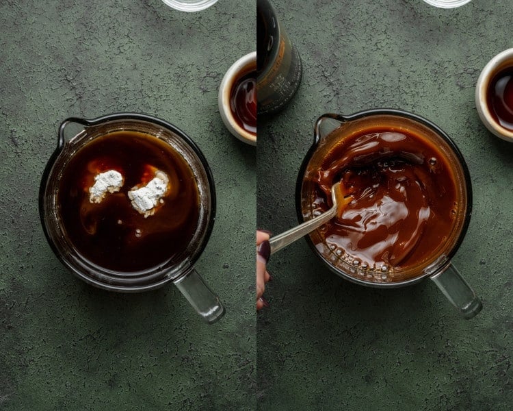 Two side-by-side images showing the stir-fry sauce being mixed in a glass measuring cup — cornstarch added to liquids and then whisked into a glossy sauce.