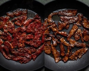 Two side-by-side images of marinated beef cooking in a skillet — raw beef searing on the left, browned and caramelized on the right.