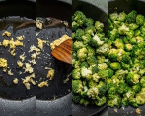 Four-step collage showing minced garlic and ginger sautéing in oil, followed by broccoli florets being added and stir-fried in the skillet.