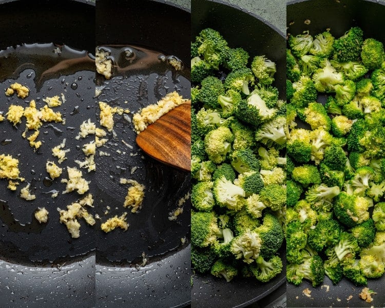 Four-step collage showing minced garlic and ginger sautéing in oil, followed by broccoli florets being added and stir-fried in the skillet.