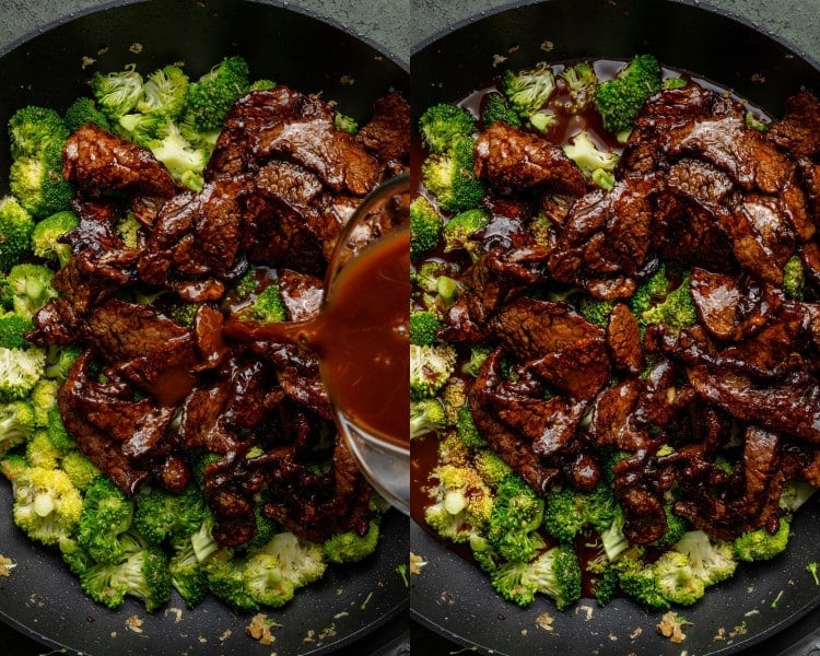 Two side-by-side images showing cooked beef and broccoli in a skillet as the sauce is poured in and coats everything.