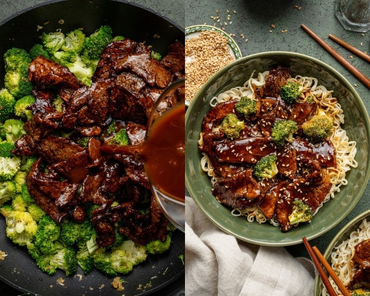 Side-by-side images showing the final steps of beef and broccoli stir-fry: on the left, sauce being poured over tender beef and bright green broccoli in a skillet; on the right, the finished dish served over noodles in a green bowl, garnished with sesame seeds and ready to eat.