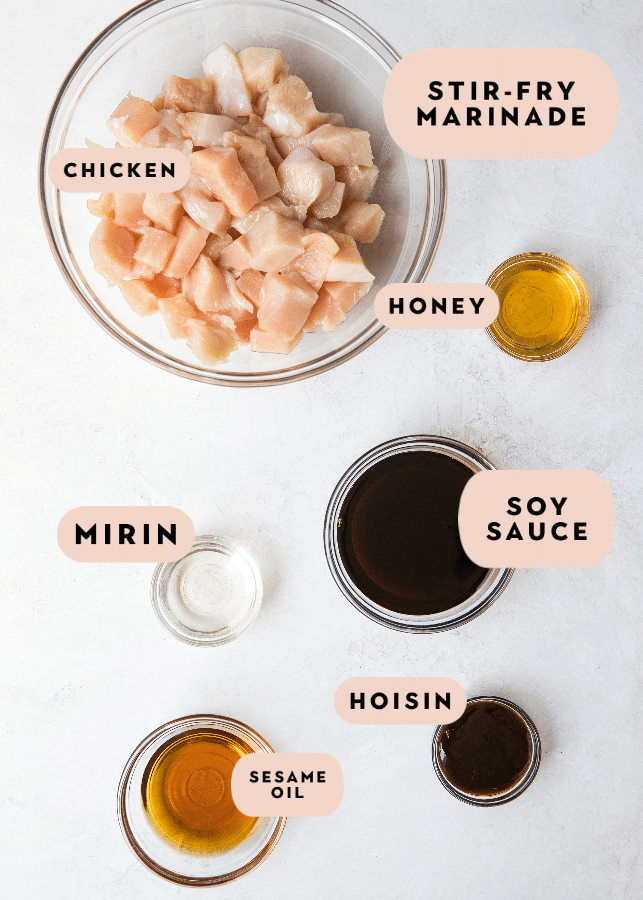 cashew chicken stir fry ingredients in small glass bowls