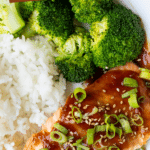 teriyaki glazed salmon in a white bowl with rice and broccoli
