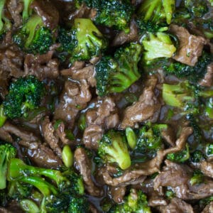 beef and broccoli in a large pan