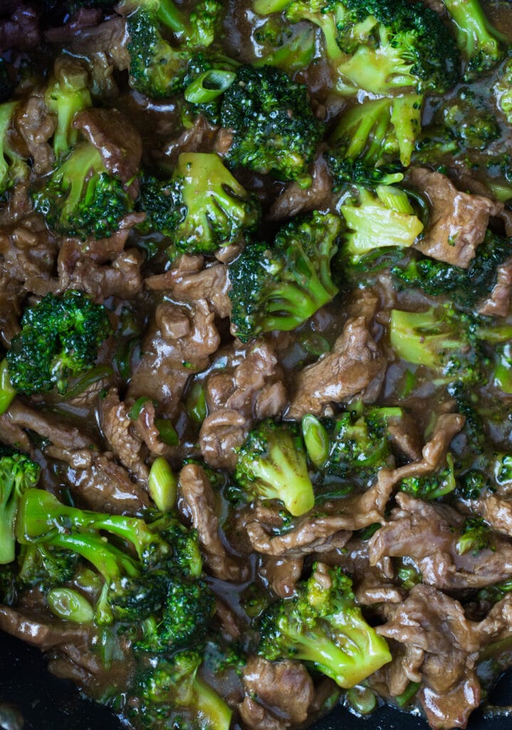 beef and broccoli in a pan