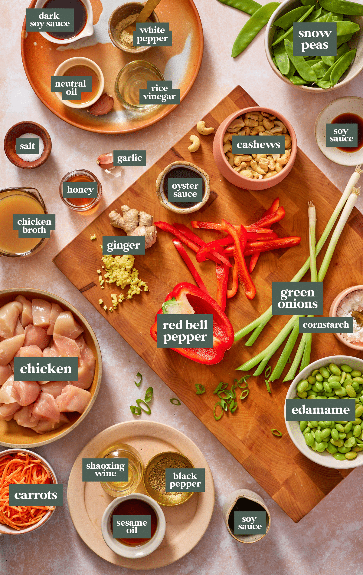 Labeled ingredients for cashew chicken stir fry recipe.