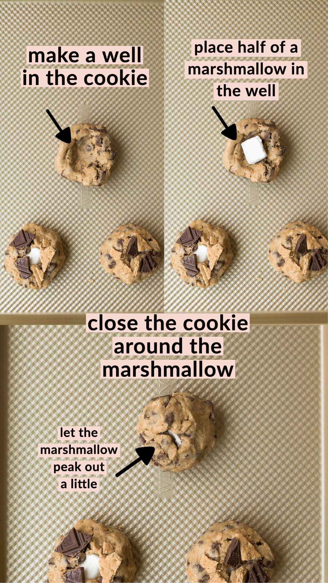 photos of how to stuff the marshmallow inside the cookie