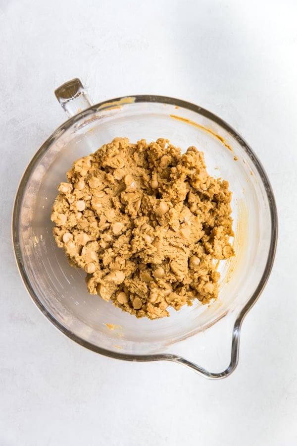 peanut butter cookie dough in a glass bowl