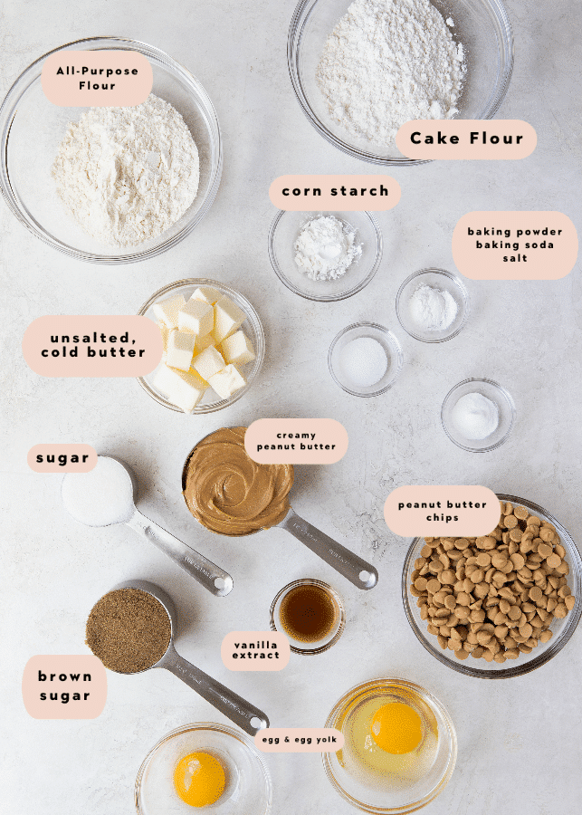 ingredients needed to make peanut butter cookies in small glass bowls