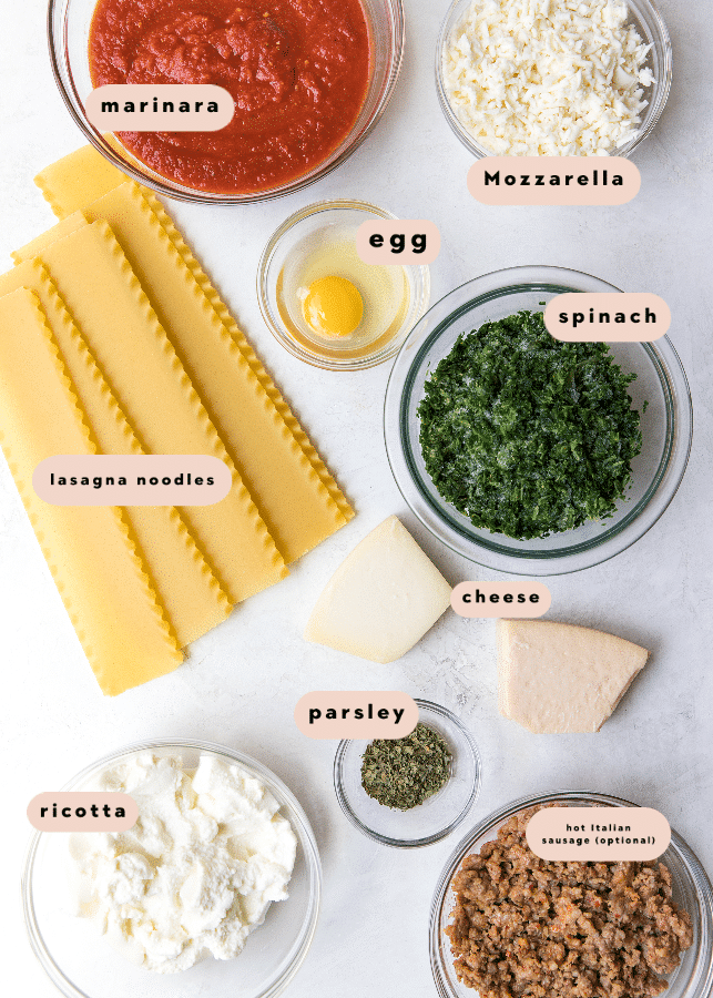 all of the ingredients needed to make spinach lasagna roll ups