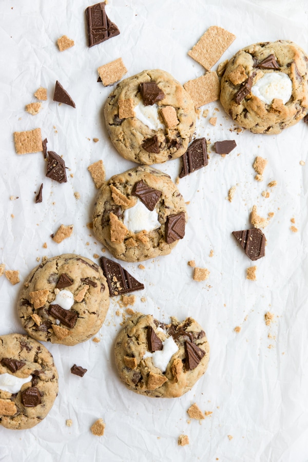 freshly baked smores cookies on parchment paper