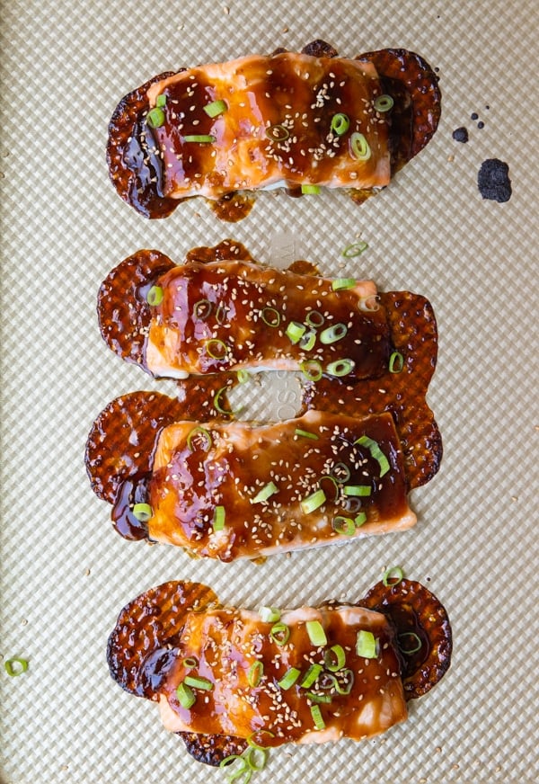 teriyaki glazed salmon on a sheet pan with homemade teriyaki sauce