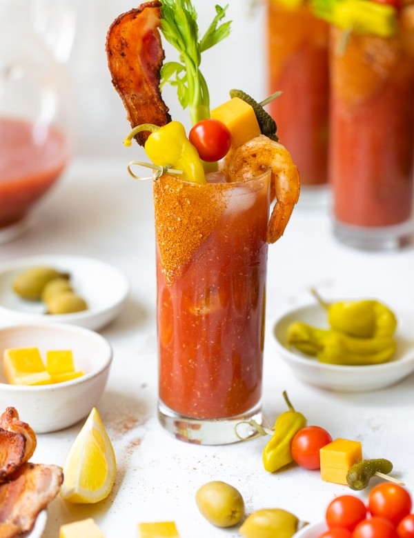 a spicy bloody mary in a glass