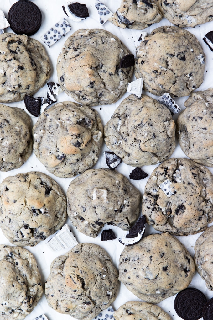 cookies and cream cookies on parchment paper