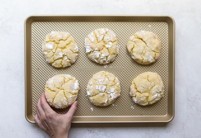 lemon crinkle cookies on a baking sheet