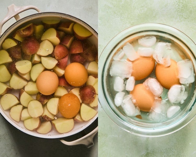 Side by side images. Left side shows a large pot full of water, chopped red potatoes, and 3 eggs. Right side shows a bowl with ice water and 3 eggs.