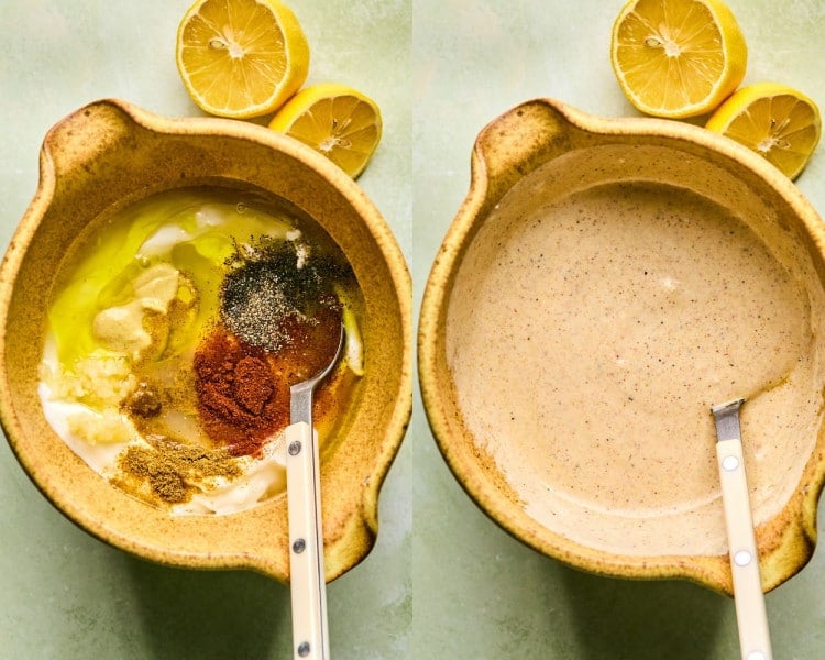 Side by side image of a bowl with ingredients for potato salad dressing and the dressing mixed together.