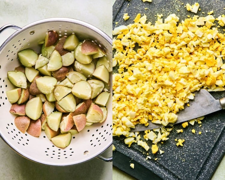 Two images side by side. Left side is a colander with chopped, boiled red potatoes. Right side is a cutting board with finely chopped hard boiled eggs.