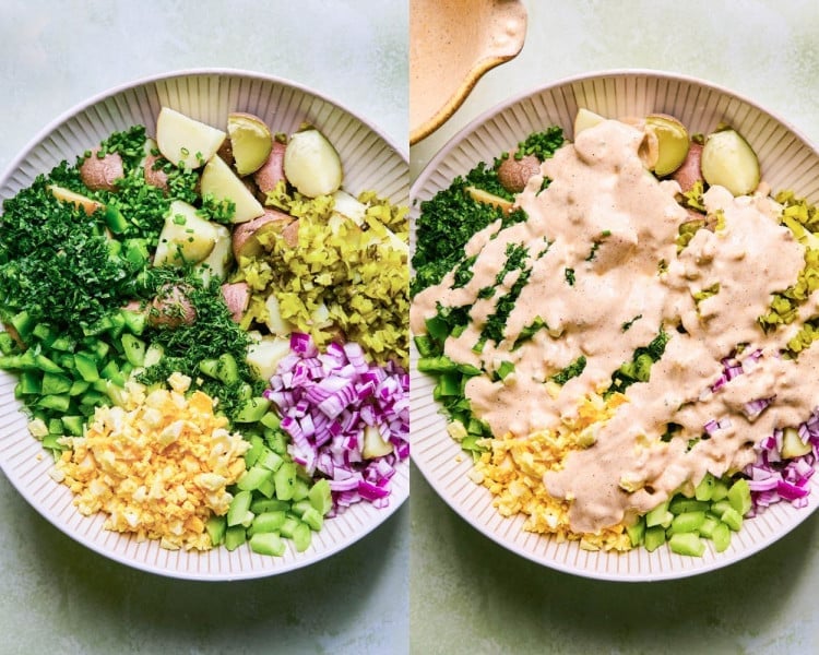 Side by side images of a bowl with chopped ingredients on the left and the same bowl with a dressing spread over the ingredients on the right.