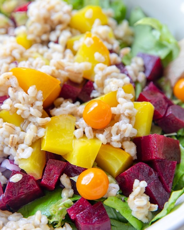 beets and barley on top of lettuce in a bowl