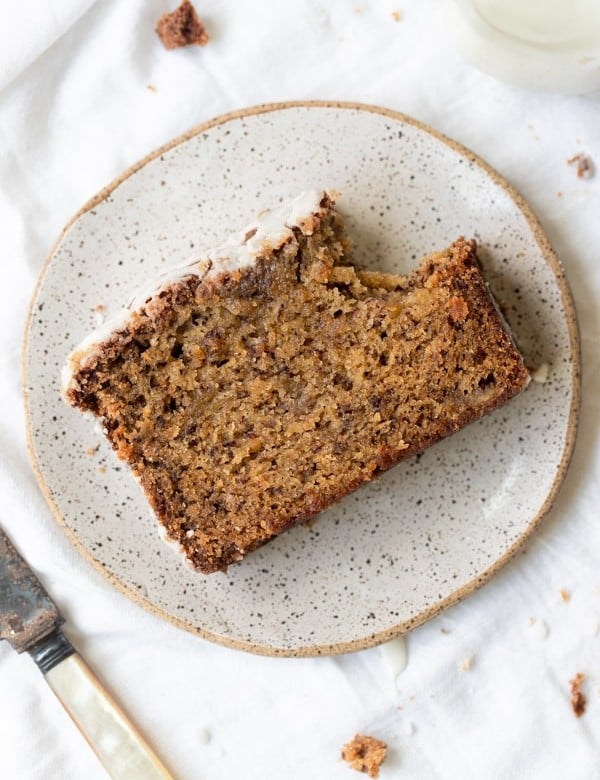banana bread on a speckled plate