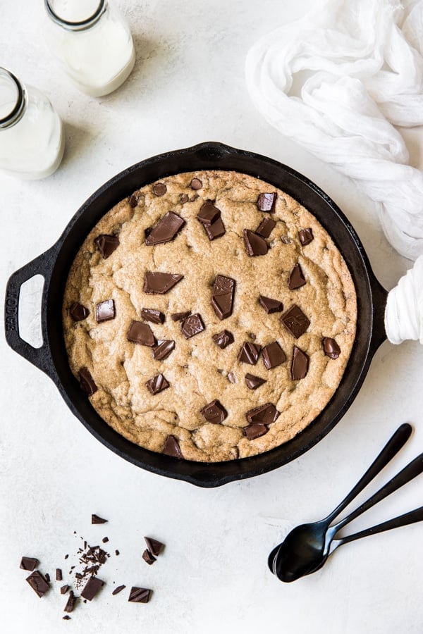 a cookie in a cast iron skillet 