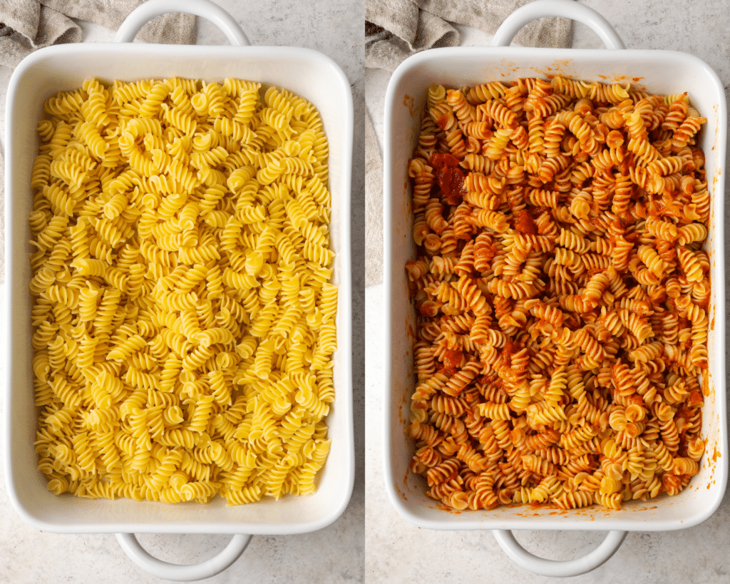 White casserole dishes side by side. One with plain rotini noodles. The other with rotini noodles mixed with red sauce.
