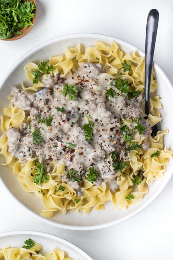 Ground Turkey Stroganoff in a white bowl