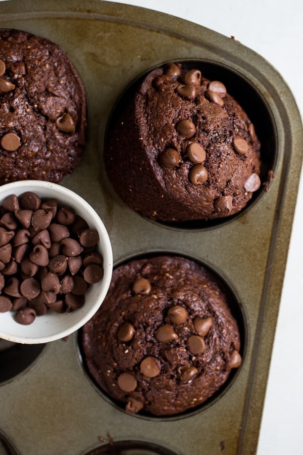 chocolate muffins in a muffin tin