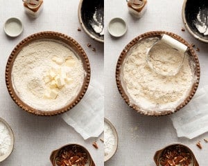 Cubes of cold butter added to the flour mixture for maple scones, then cut in with a pastry blender until crumbly.