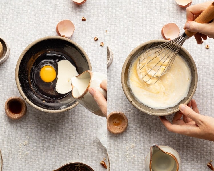 Mixing the wet ingredients for maple scones — an egg, vanilla, and cream whisked together in a ceramic bowl.