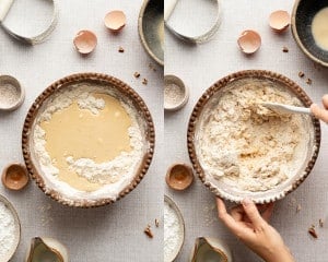 Pouring the wet ingredients into the flour mixture and gently stirring the maple scone dough together with a spatula.